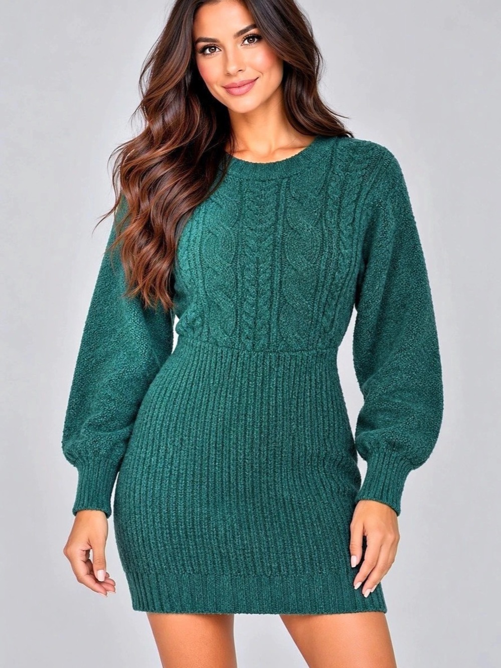 Pink Lily Teal Cable Knit Long Sleeve Sweater Mini Dress